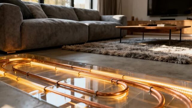 Medium shot of a modern hydronic underfloor heating system showcasing warm water pipes beneath sleek flooring in a cozy living space.