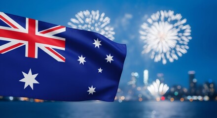 Australia flag waving with fireworks and city skyline at night. Australian national holiday celebration. Patriotic background for australia day.