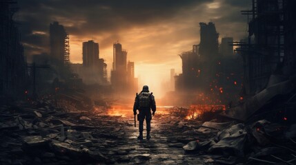 Soldier standing amidst the ruins of a city at sunset