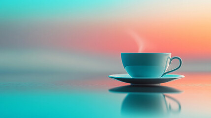 Gradient background blending sky blue turquoise and powder gray with tea cup reflection evokes calm serenity and subtle elegance representing tranquility balance and peaceful everyday moments