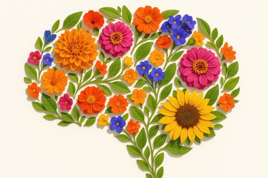 Creative brain made of colorful spring flowers symbolizing positivity and self care