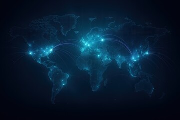 Digital world map with luminous nodes connecting continents futuristic global data network