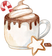 Christmas mug of hot chocolate with vanilla cream and candy. Watercolor illustration for greeting card, invitation, and poster.
