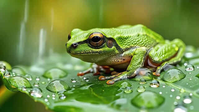 A vibrant green tree frog rests on a wet leaf covered in fresh raindrops during a gentle spring shower