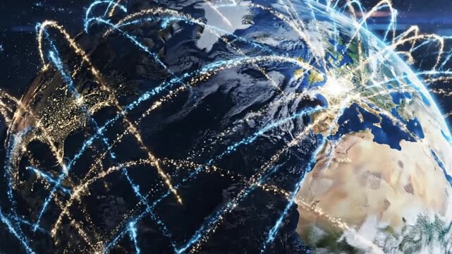 Global Connectivity at Night Digital Data Streams Interconnecting the Earth's Continents with Glowing Network Arcs, Representing Advanced Communication and Technological Progress