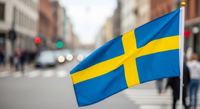 Swedish flag waving proudly in a city street setting. National pride and patriotism concept. Celebration of Sweden's independence and national holidays.