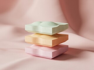 Three pastel star shaped soaps stacked elegantly on a soft pink fabric background