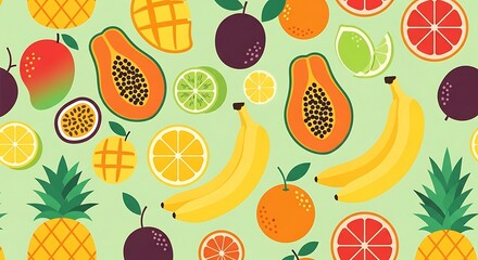 Vibrant Tropical Fruits Seamless Pattern Background Design.