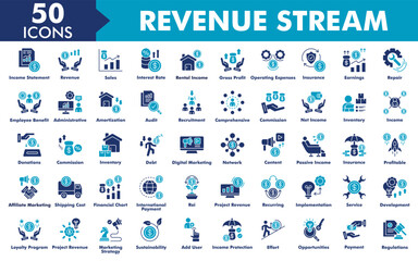 Revenue Stream Icon Set Collection. Consist Of Income Statement, Revenue, Sales, Interest Rate, Rental Income, Gross Profit, Operating Expenses, Insurance. Simple Flat Vector Illustration.