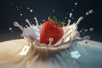 Juicy strawberry splashing into creamy milk creating dynamic droplets