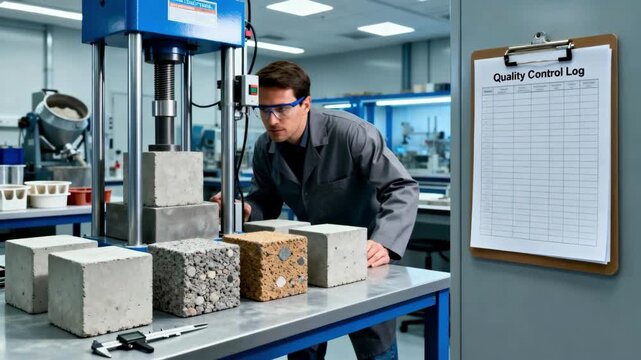Medium shot of a lab technician testing various concrete mixes for strength properties demonstrating quality control in construction materials.