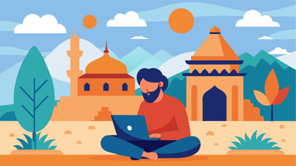 A digital nomad takes a break from their work to admire the intricate designs on the walls of a serene monastery.. Vector illustration