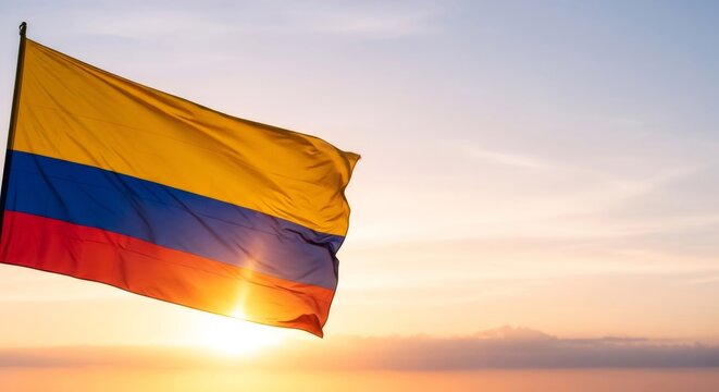 Waving Colombian flag with rising sun background during golden hour. National symbol for independence day, patriotism, and national holiday. - Powered by Adobe