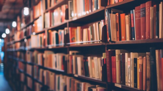 Rows of books on shelves in a dimly lit library