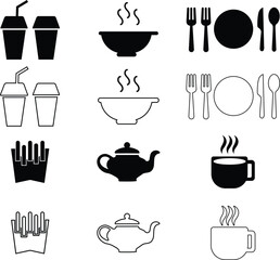 Food and beverage icons set black and white outline and solid silhouettes for cafe menu or app