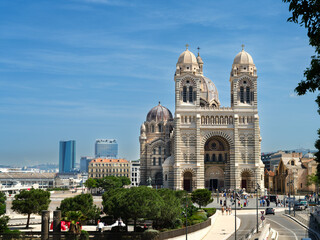 Marseille Major Cathedral Dome Towers Striped Marble Busy Plaza