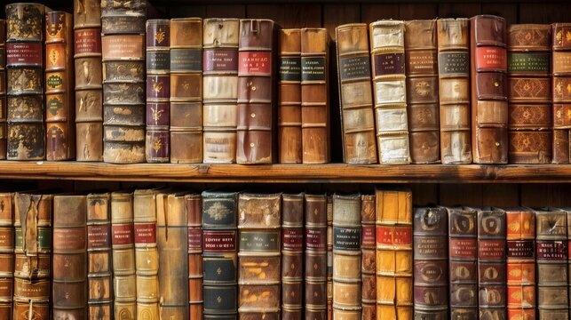 Antique books on wooden shelves in a library