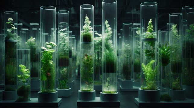 Glass tubes filled with various plants and greenery, illuminated in a dark room