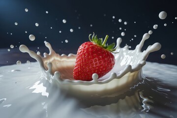 Juicy red strawberry splashes into creamy white milk creating a dynamic frozen motion effect
