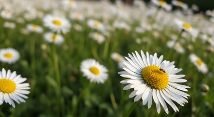 Fototapeta premium Close up of a white daisy with yellow center in a field