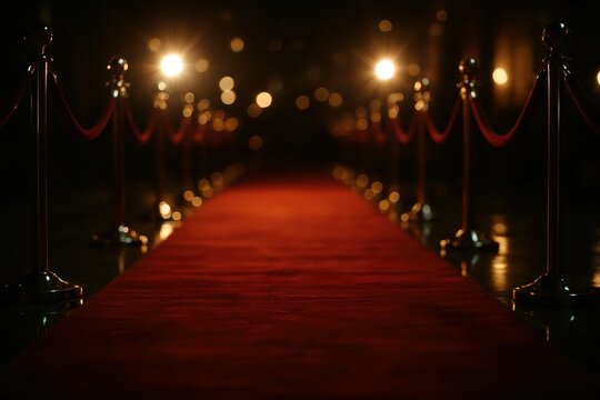 Luxurious gala red carpet runway with velvet ropes and glittering spotlight bokeh