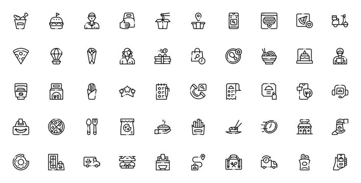 Food Delivery icon set. Vector illustration. Include symbols for burger, pizza ramen, delivery man, motobike, online order, fast dlivery, restaurant and mor.
