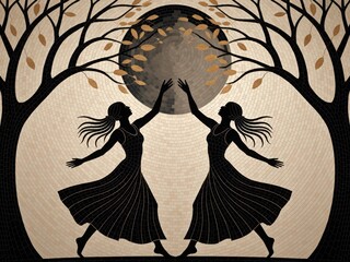 Silhouette of two women dancing under a full moon in a stylized landscape