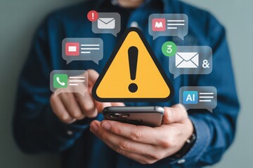 Person holding smartphone with warning alert and notification bubbles concept
