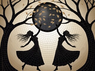 Silhouette of two women reaching for the moon in a mosaicstyle artwork