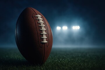 Misty night stadium glow with football on dewy turf vertical premium wallpaper