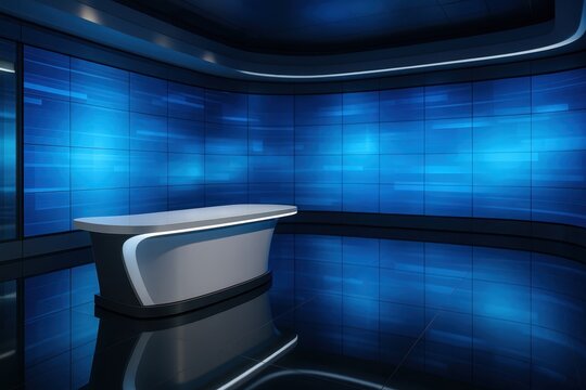 Modern broadcast newsroom set with curved LED wall sleek desk dynamic light reflections - Powered by Adobe