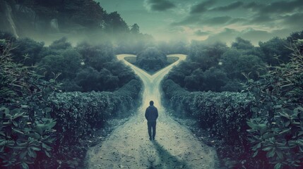 A lone figure stands at a crossroads in a mystical forest, facing a decision on which path to take.