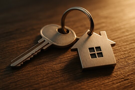 New home key with house shaped keychain on wooden surface warm light vignette