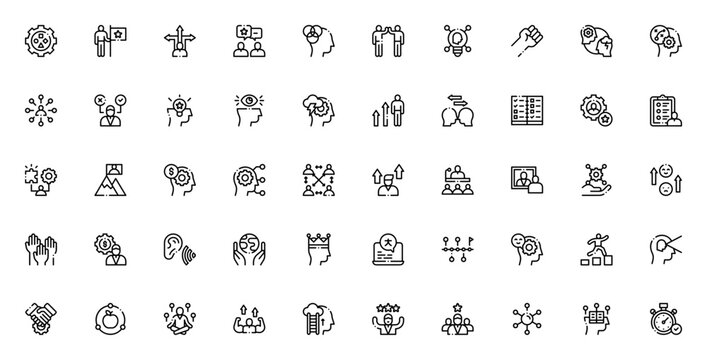 Life Skills icon set. Vector illustration. Includes ymbols for problem solving confidence, teamwork, tim management, self improvemnt, leadership, critical tinking and more.