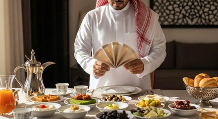 Saudi man preparing a traditional Iftar meal during Ramadan, showcasing a rich spread of Middle Eastern dishes.