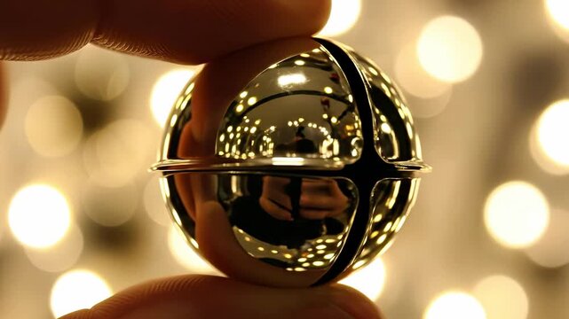 Fingers holding a gleaming Christmas jingle bell, reflecting warm bokeh lights, perfect for holiday season concepts