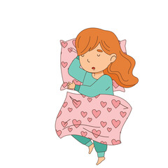 Young Woman Sleeping Peacefully in Bed Covered by a Pink Heart Pattern Blanket Wearing Teal Pajamas