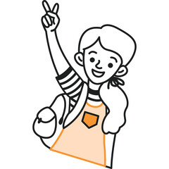 Young Woman Smiling And Holding Up Two Fingers In A Peace Sign Gesture Wearing A Striped Shirt And Orange Apron With A Transparent Background