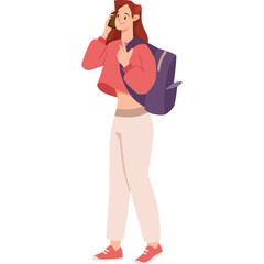 Young Woman Talking On Phone Carrying Backpack Wearing Pink Sweatshirt White Pants And Red Sneakers On Transparent Background