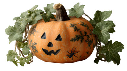 Carved scary Halloween face on butternut squash with black spiders and ivy twigs isolated on white background
