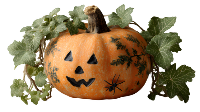 Carved scary Halloween face on butternut squash with black spiders and ivy twigs isolated on white background