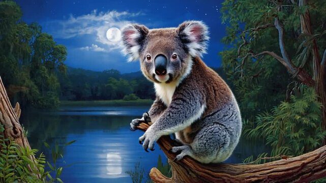 Koala sitting on a branch at night with a moonlit lake and trees in the background scene view koala video