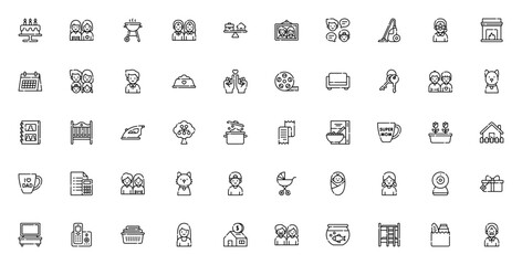 Family Life icon set. Vector illustration. Includes ymbols for birthday cake, randparents, father, mothe, baby, home, pets, and moe. Editable stroke.
