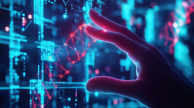 Hand touching a glowing dna strand on a futuristic screen interface