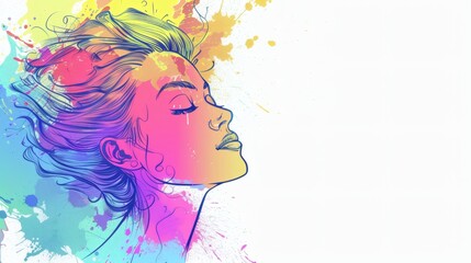 Woman's profile with colorful hair and watercolor background