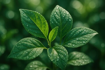 Lush green foliage background with dew kissed leaves and soft dappled morning light