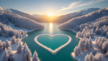 Heart shaped frozen lake in a snowy mountain landscape winter wonderland scene romantic nature background