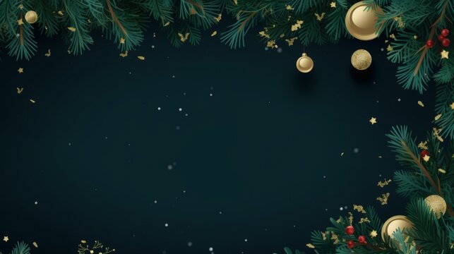 Elegant christmas background with pine branches and gold ornaments