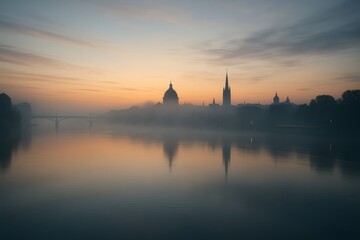 Fototapeta premium Misty dawn over the Thames with iconic London skyline and calm river reflections