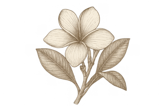 Plumeria flower drawing with leaves, hand drawn botanical illustration on transparent background, vintage sepia style nature sketch - Powered by Adobe